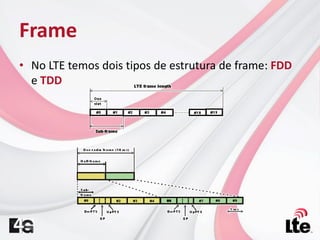 Frame
• No LTE temos dois tipos de estrutura de frame: FDD
e TDD
 