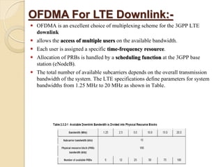 OFDMA For LTE Downlink:-
   OFDMA is an excellent choice of multiplexing scheme for the 3GPP LTE
    downlink
   allows the access of multiple users on the available bandwidth.
   Each user is assigned a specific time-frequency resource.
   Allocation of PRBs is handled by a scheduling function at the 3GPP base
    station (eNodeB).
   The total number of available subcarriers depends on the overall transmission
    bandwidth of the system. The LTE specifications define parameters for system
    bandwidths from 1.25 MHz to 20 MHz as shown in Table.
 