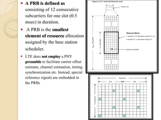    A PRB is defined as
    consisting of 12 consecutive
    subcarriers for one slot (0.5
    msec) in duration.
    A PRB is the smallest
    element of resource allocation
    assigned by the base station
    scheduler.
   LTE does not employ a PHY
    preamble to facilitate carrier offset
    estimate, channel estimation, timing
    synchronization etc. Instead, special
    reference signals are embedded in
    the PRBs
 