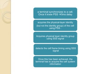 a terminal synchronizes to a cell.
  Once it knew PSS 5ms delay


 acquires the physical-layer identity
(but not the identity group) of the cell
              using PSS .


Acquires physical layer identity group
          using SSS signal



detects the cell frame timing using SSS
                  signal


   Once this has been achieved, the
terminal has to acquire the cell system
              information
 