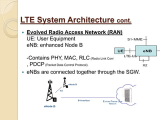 LTE System Architecture cont.
   Evolved Radio Access Network (RAN)
    UE: User Equipment
    eNB: enhanced Node B

    -Contains PHY, MAC, RLC (Radio Link Control)
    , PDCP (Packet Data Control Protocol).
   eNBs are connected together through the SGW.
 