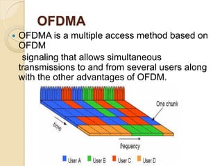 OFDMA
   OFDMA is a multiple access method based on
    OFDM
     signaling that allows simultaneous
    transmissions to and from several users along
    with the other advantages of OFDM.
 