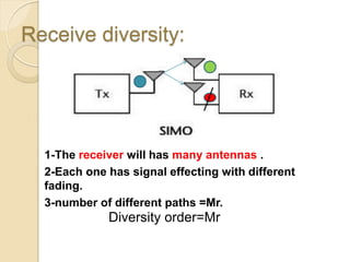 Receive diversity:




  1-The receiver will has many antennas .
  2-Each one has signal effecting with different
  fading.
  3-number of different paths =Mr.
             Diversity order=Mr
 