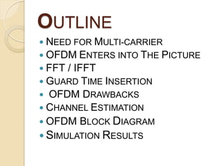 OUTLINE
 NEED FOR MULTI-CARRIER
 OFDM ENTERS INTO THE PICTURE
 FFT/ IFFT
 GUARD TIME INSERTION
 OFDM DRAWBACKS
 CHANNEL ESTIMATION
 OFDM BLOCK DIAGRAM
 SIMULATION RESULTS
 