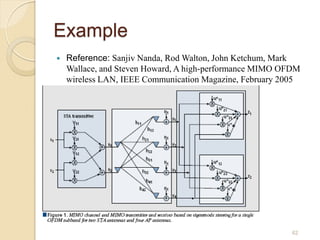 Example
   Reference: Sanjiv Nanda, Rod Walton, John Ketchum, Mark
    Wallace, and Steven Howard, A high-performance MIMO OFDM
    wireless LAN, IEEE Communication Magazine, February 2005




                                                          62
 