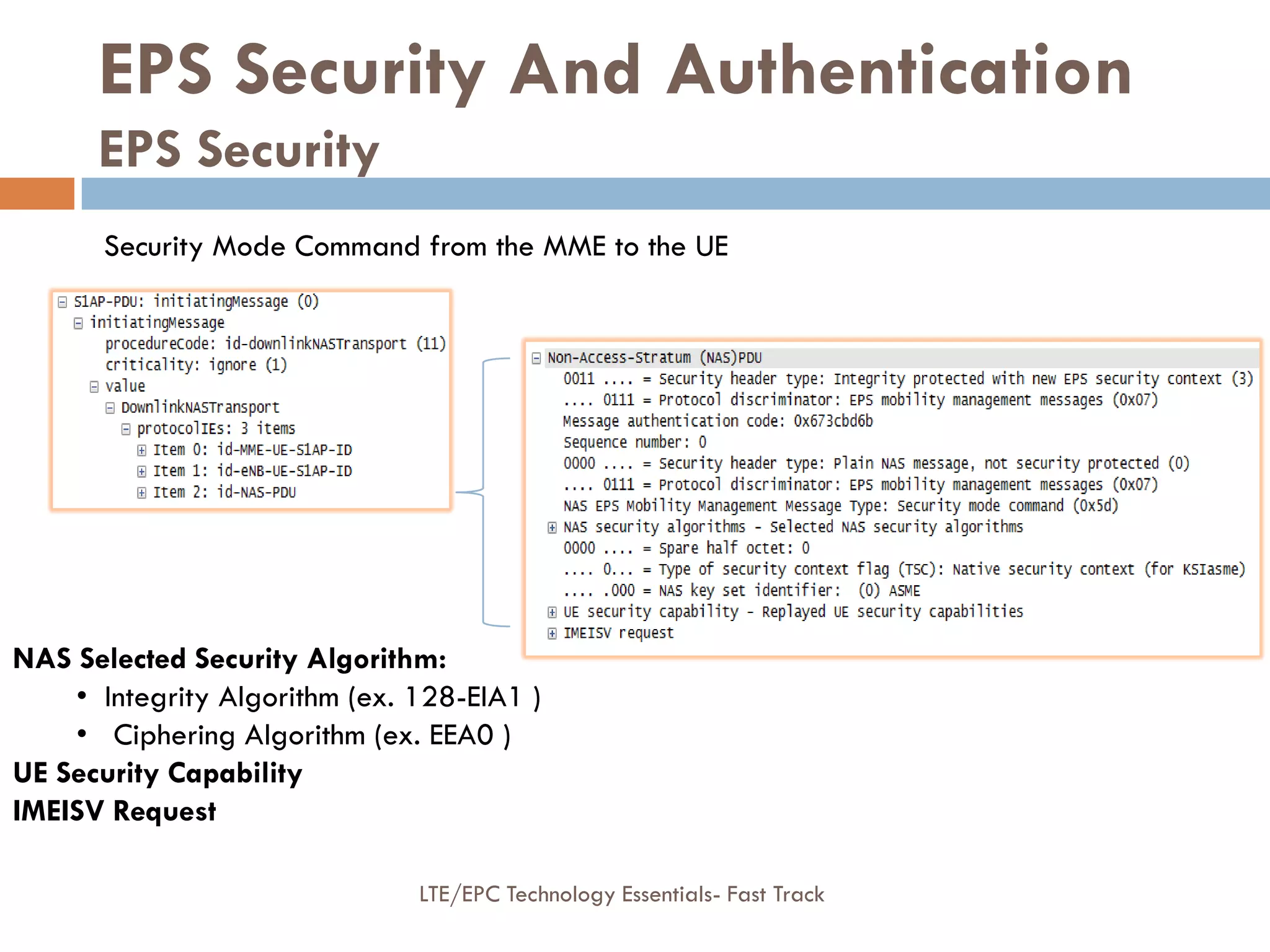 Security Mode Command from the MME to the UE
NAS Selected Security Algorithm:
• Integrity Algorithm (ex. 128-EIA1 )
• Ciphering Algorithm (ex. EEA0 )
UE Security Capability
IMEISV Request
EPS Security And Authentication
EPS Security
LTE/EPC Technology Essentials- Fast Track
 