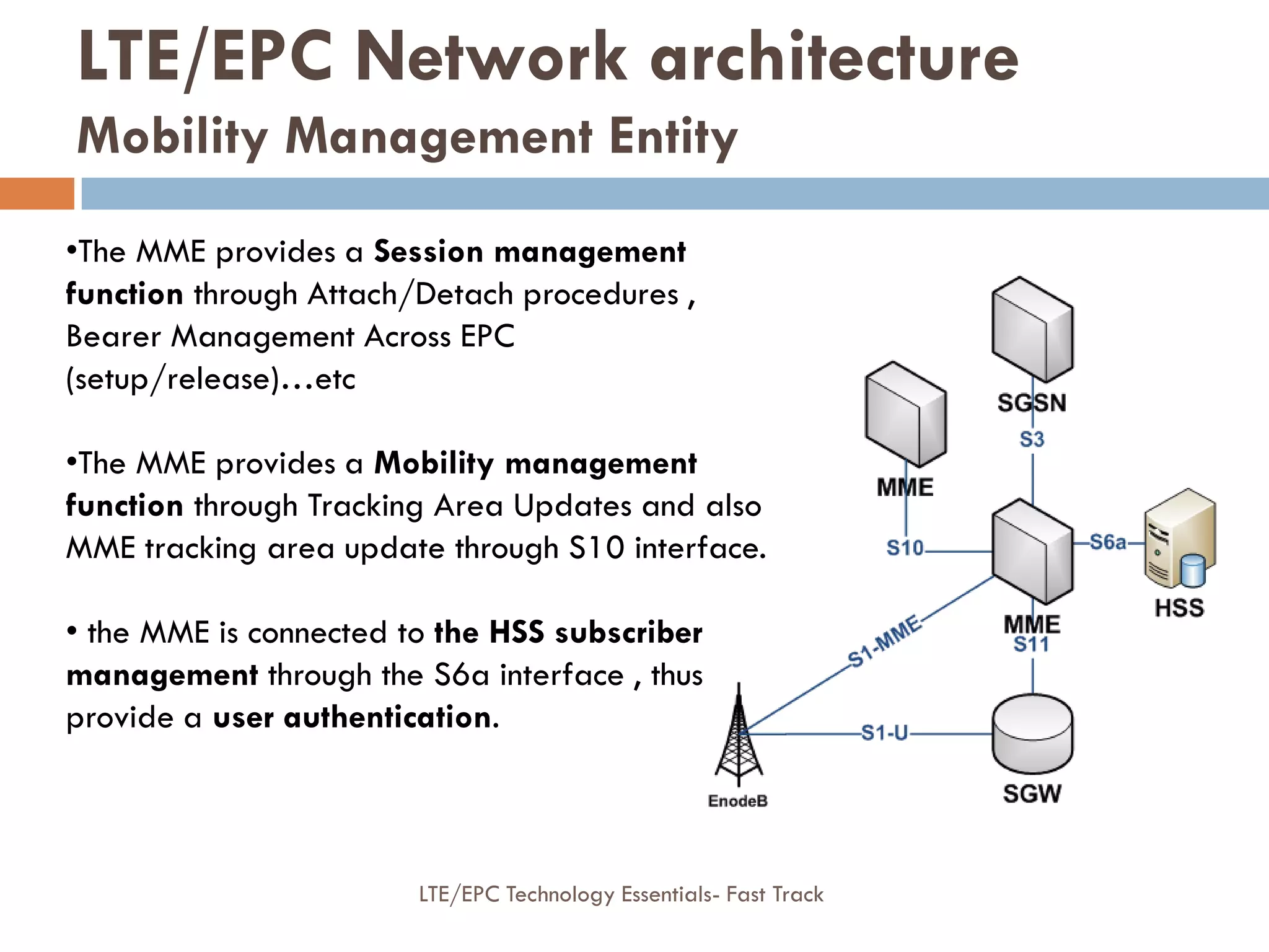 •The MME provides a Session management
function through Attach/Detach procedures ,
Bearer Management Across EPC
(setup/release)…etc
•The MME provides a Mobility management
function through Tracking Area Updates and also
MME tracking area update through S10 interface.
• the MME is connected to the HSS subscriber
management through the S6a interface , thus
provide a user authentication.
LTE/EPC Network architecture
Mobility Management Entity
LTE/EPC Technology Essentials- Fast Track
 