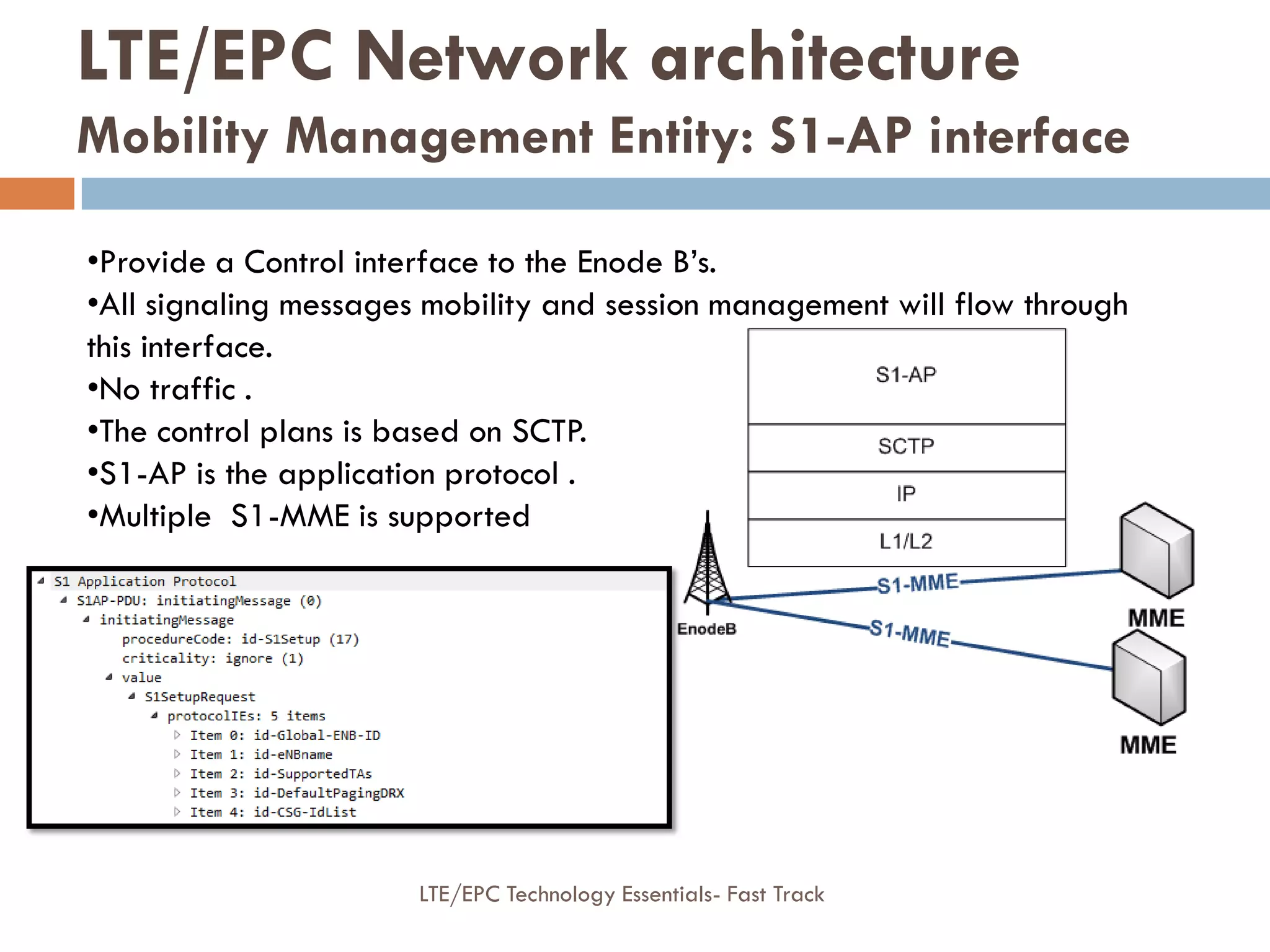 •Provide a Control interface to the Enode B’s.
•All signaling messages mobility and session management will flow through
this interface.
•No traffic .
•The control plans is based on SCTP.
•S1-AP is the application protocol .
•Multiple S1-MME is supported
LTE/EPC Network architecture
Mobility Management Entity: S1-AP interface
LTE/EPC Technology Essentials- Fast Track
 