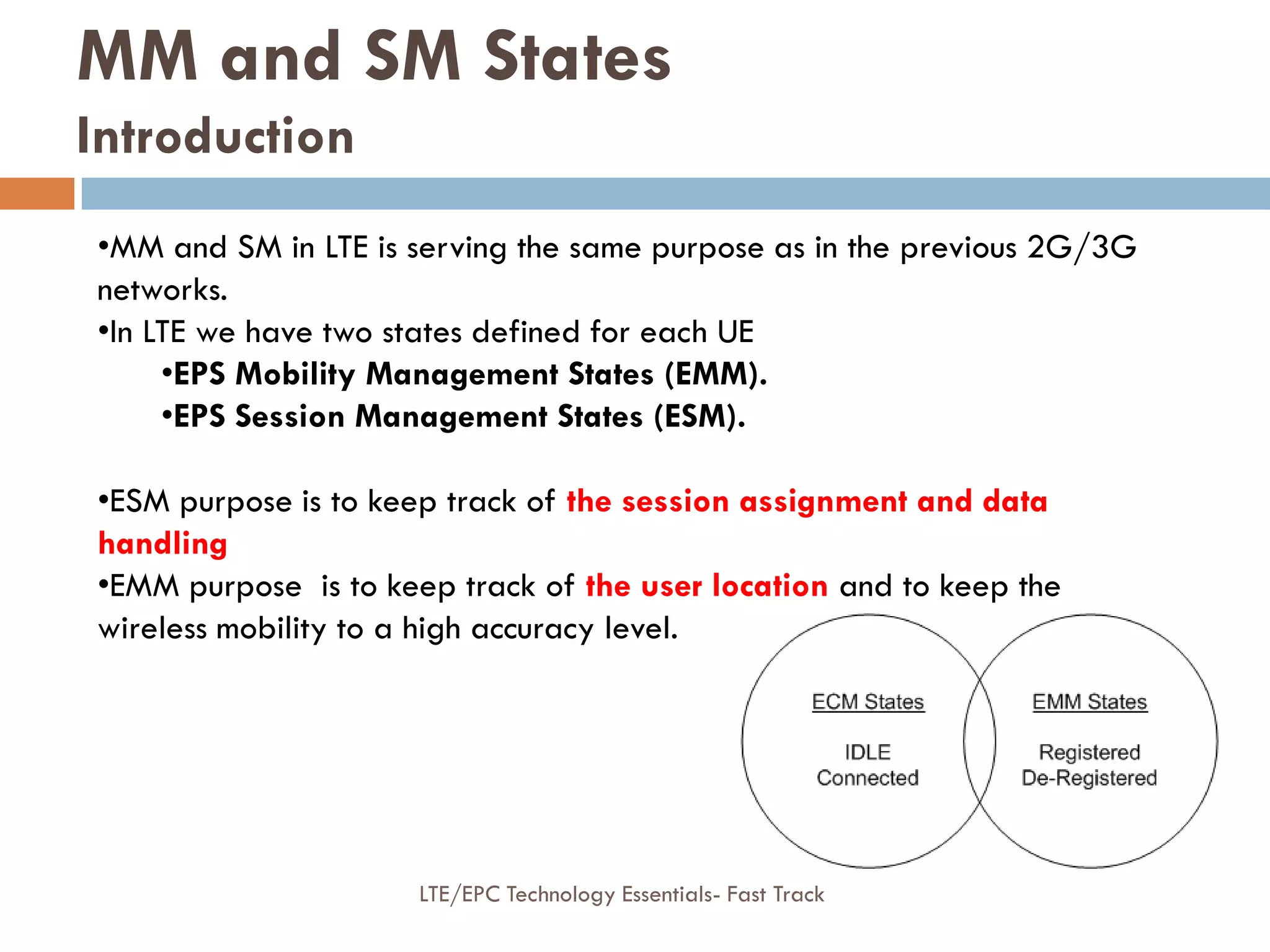 •MM and SM in LTE is serving the same purpose as in the previous 2G/3G
networks.
•In LTE we have two states defined for each UE
•EPS Mobility Management States (EMM).
•EPS Session Management States (ESM).
•ESM purpose is to keep track of the session assignment and data
handling
•EMM purpose is to keep track of the user location and to keep the
wireless mobility to a high accuracy level.
MM and SM States
Introduction
LTE/EPC Technology Essentials- Fast Track
 