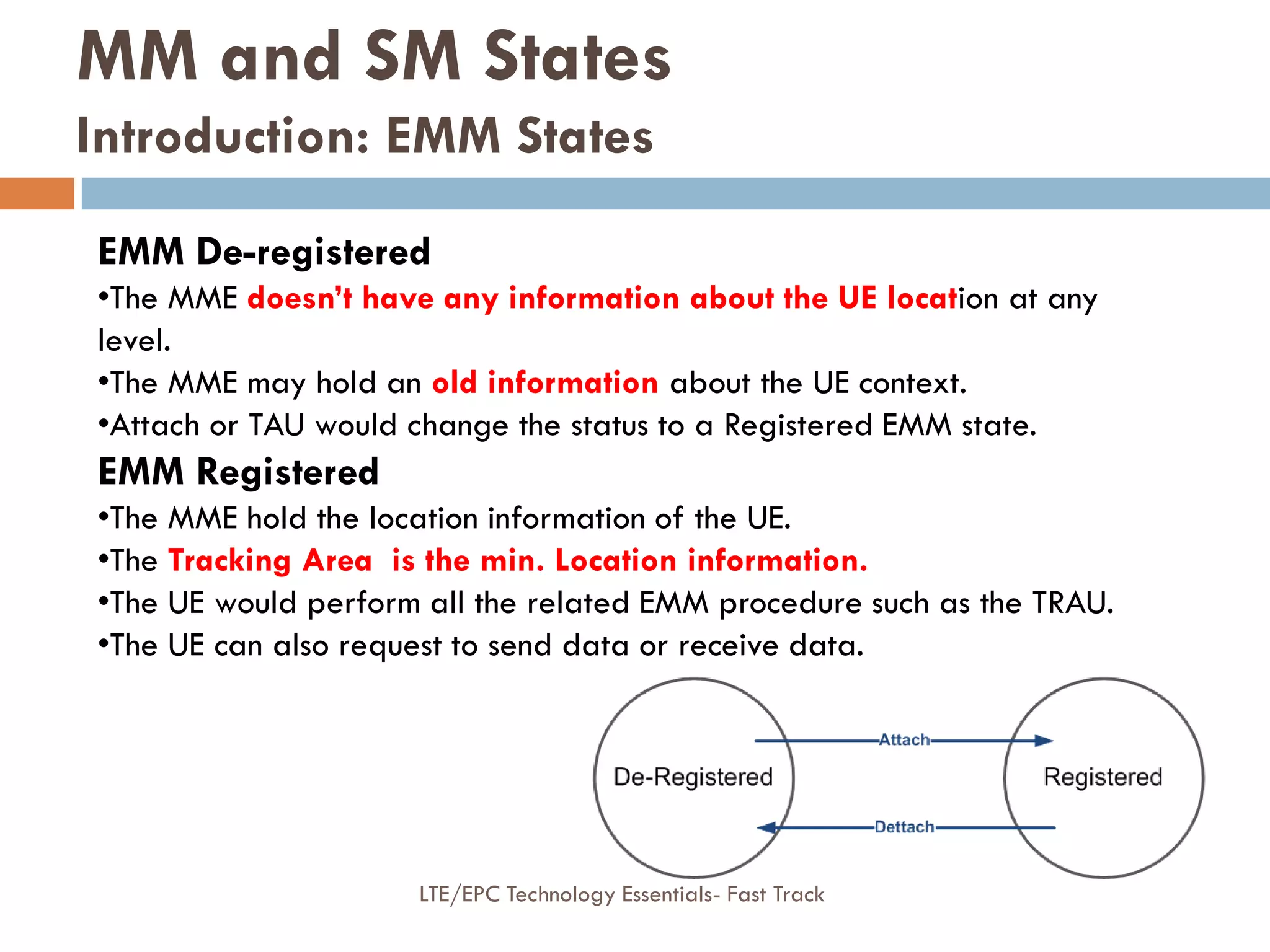 EMM De-registered
•The MME doesn’t have any information about the UE location at any
level.
•The MME may hold an old information about the UE context.
•Attach or TAU would change the status to a Registered EMM state.
EMM Registered
•The MME hold the location information of the UE.
•The Tracking Area is the min. Location information.
•The UE would perform all the related EMM procedure such as the TRAU.
•The UE can also request to send data or receive data.
MM and SM States
Introduction: EMM States
LTE/EPC Technology Essentials- Fast Track
 