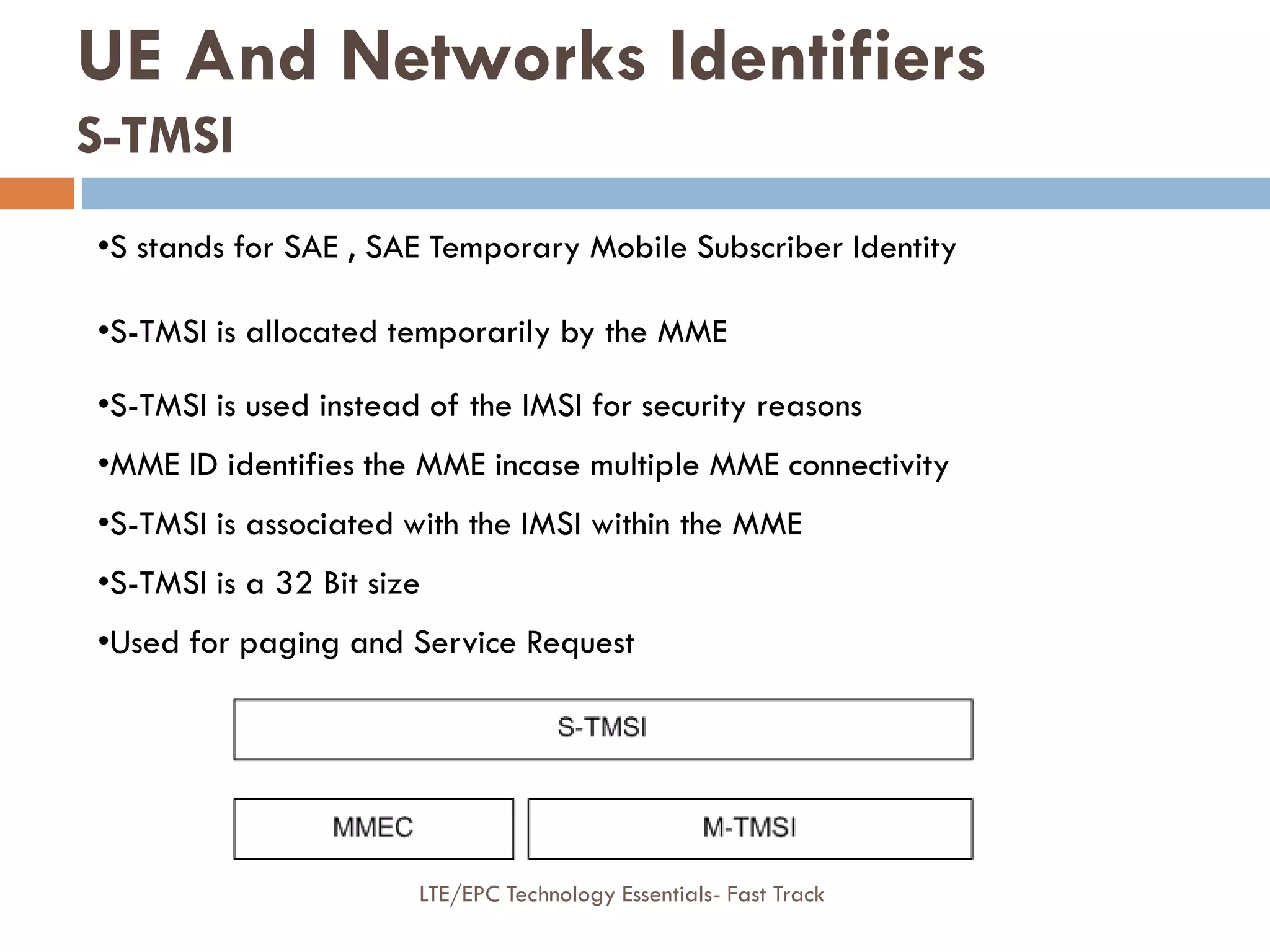•S stands for SAE , SAE Temporary Mobile Subscriber Identity
•S-TMSI is allocated temporarily by the MME
•S-TMSI is used instead of the IMSI for security reasons
•MME ID identifies the MME incase multiple MME connectivity
•S-TMSI is associated with the IMSI within the MME
•S-TMSI is a 32 Bit size
•Used for paging and Service Request
UE And Networks Identifiers
S-TMSI
LTE/EPC Technology Essentials- Fast Track
 
