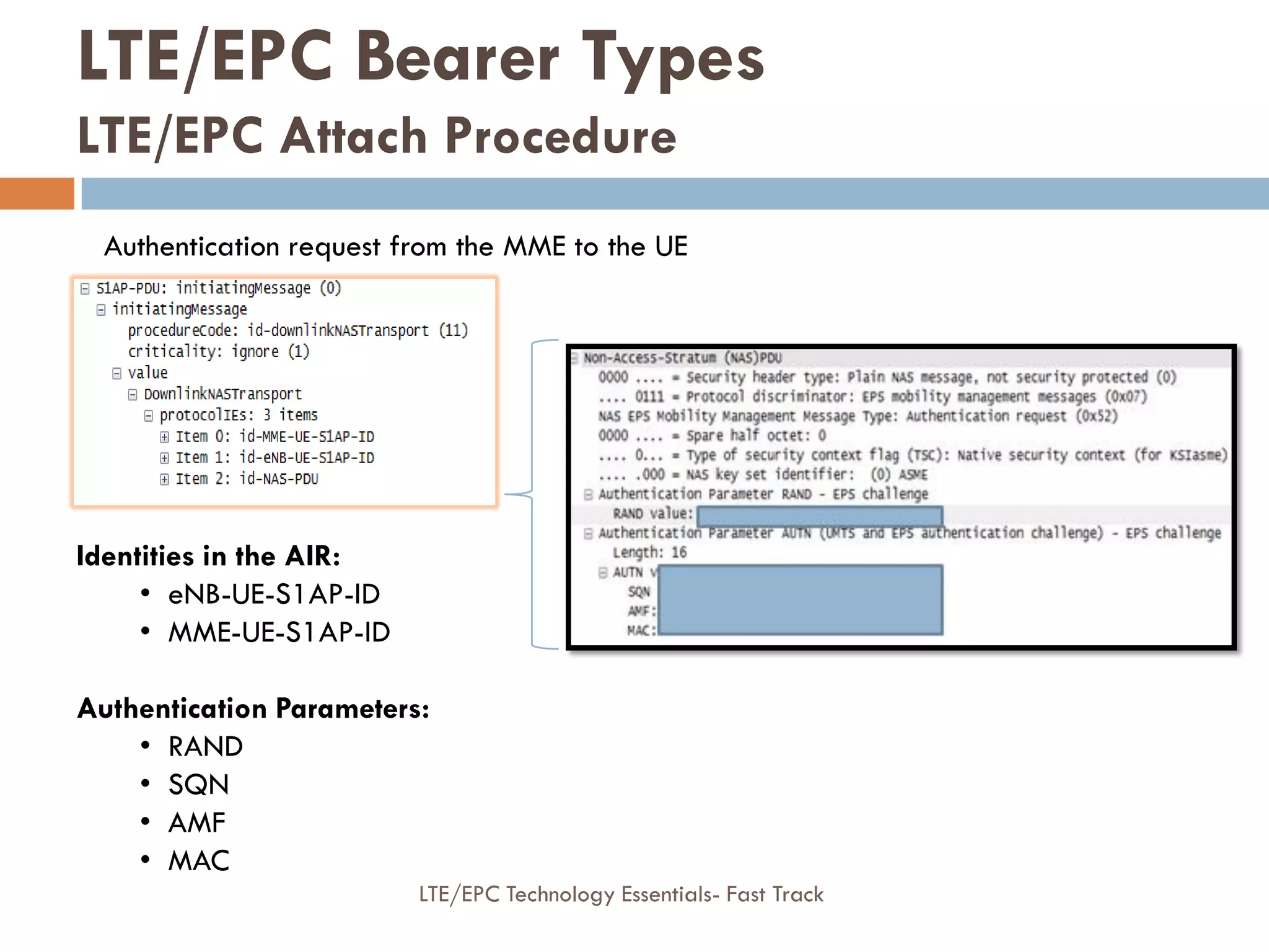Authentication request from the MME to the UE
Identities in the AIR:
• eNB-UE-S1AP-ID
• MME-UE-S1AP-ID
Authentication Parameters:
• RAND
• SQN
• AMF
• MAC
LTE/EPC Bearer Types
LTE/EPC Attach Procedure
LTE/EPC Technology Essentials- Fast Track
 