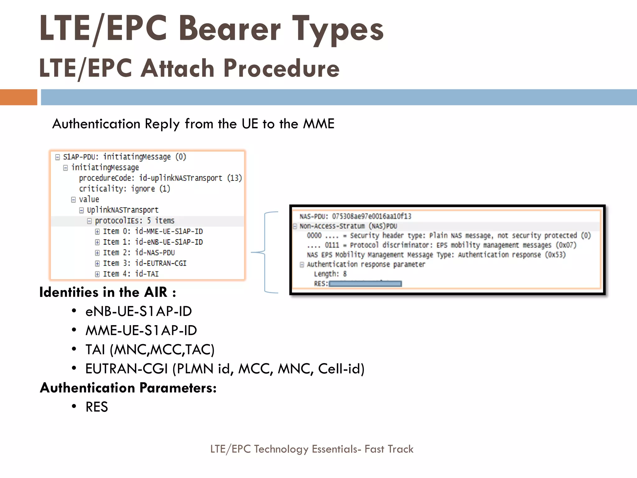Authentication Reply from the UE to the MME
Identities in the AIR :
• eNB-UE-S1AP-ID
• MME-UE-S1AP-ID
• TAI (MNC,MCC,TAC)
• EUTRAN-CGI (PLMN id, MCC, MNC, Cell-id)
Authentication Parameters:
• RES
LTE/EPC Bearer Types
LTE/EPC Attach Procedure
LTE/EPC Technology Essentials- Fast Track
 