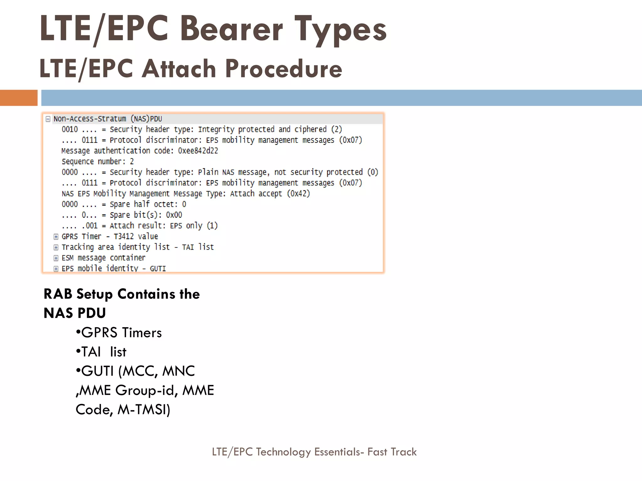 RAB Setup Contains the
NAS PDU
•GPRS Timers
•TAI list
•GUTI (MCC, MNC
,MME Group-id, MME
Code, M-TMSI)
LTE/EPC Bearer Types
LTE/EPC Attach Procedure
LTE/EPC Technology Essentials- Fast Track
 