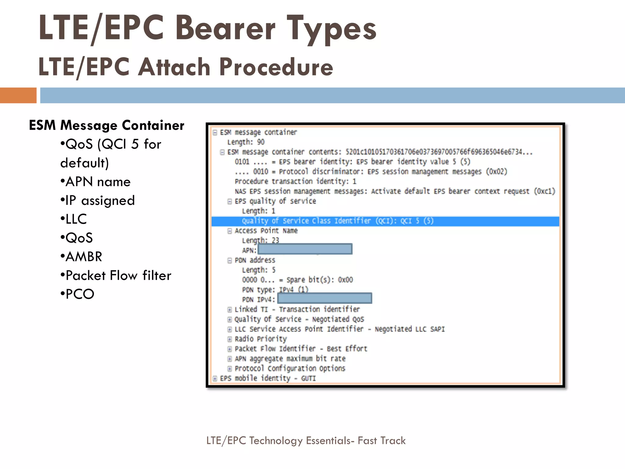ESM Message Container
•QoS (QCI 5 for
default)
•APN name
•IP assigned
•LLC
•QoS
•AMBR
•Packet Flow filter
•PCO
LTE/EPC Bearer Types
LTE/EPC Attach Procedure
LTE/EPC Technology Essentials- Fast Track
 