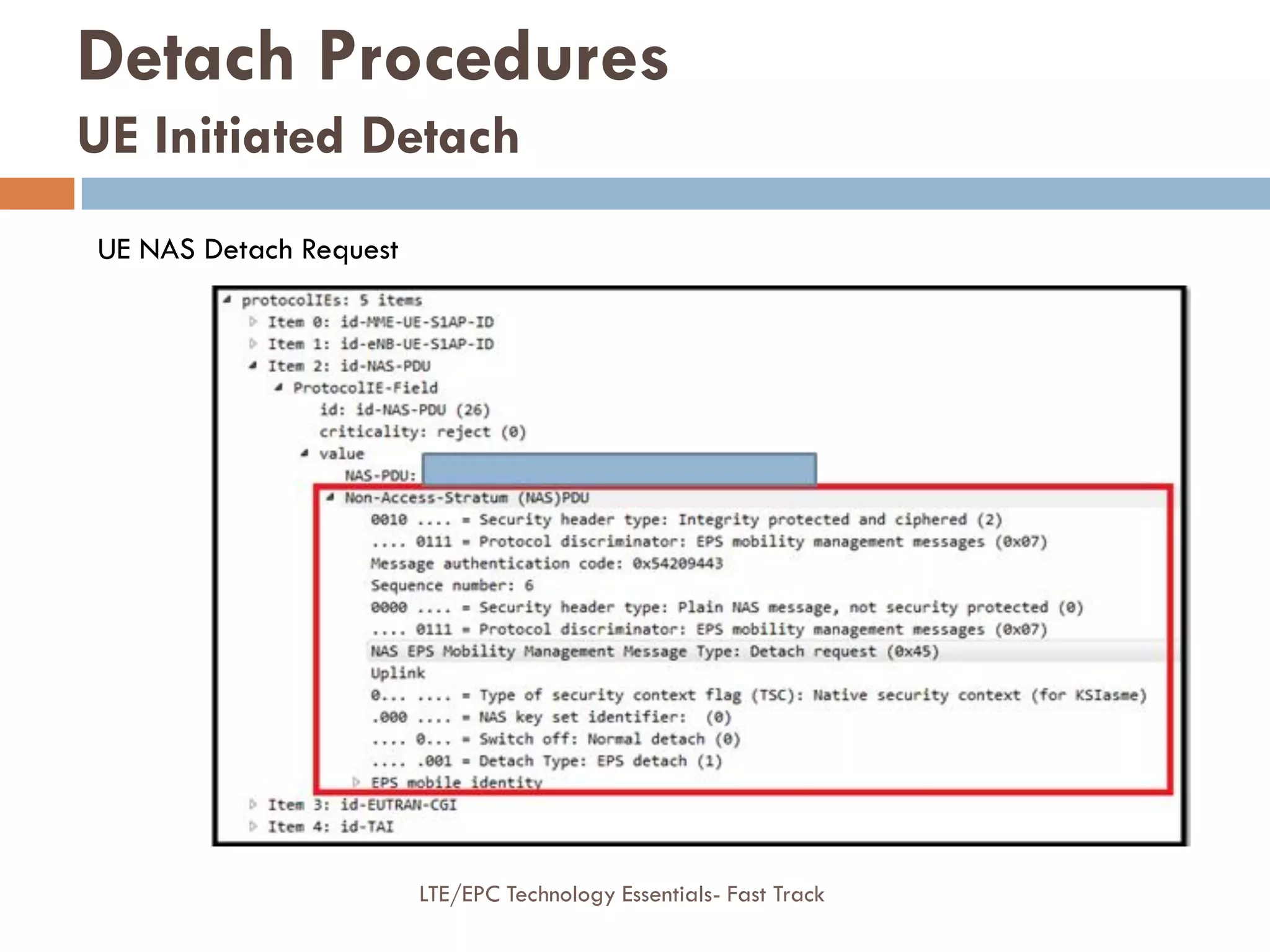 Detach Procedures
UE Initiated Detach
UE NAS Detach Request
LTE/EPC Technology Essentials- Fast Track
 