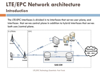 The LTE-EPC interfaces is divided in to interfaces that serves user plane, and
interfaces that serves control plane in addition to hybrid interfaces that serves
both user/control plane.
LTE/EPC Network architecture
Introduction
LTE/EPC Technology Essentials- Fast Track
 