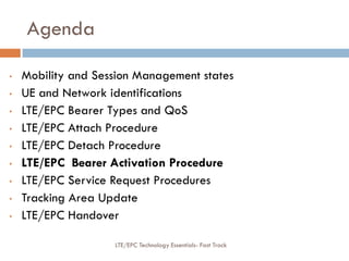Agenda
• Mobility and Session Management states
• UE and Network identifications
• LTE/EPC Bearer Types and QoS
• LTE/EPC Attach Procedure
• LTE/EPC Detach Procedure
• LTE/EPC Bearer Activation Procedure
• LTE/EPC Service Request Procedures
• Tracking Area Update
• LTE/EPC Handover
LTE/EPC Technology Essentials- Fast Track
 