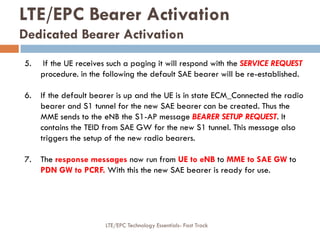5. If the UE receives such a paging it will respond with the SERVICE REQUEST
procedure. in the following the default SAE bearer will be re-established.
6. If the default bearer is up and the UE is in state ECM_Connected the radio
bearer and S1 tunnel for the new SAE bearer can be created. Thus the
MME sends to the eNB the S1-AP message BEARER SETUP REQUEST. It
contains the TEID from SAE GW for the new S1 tunnel. This message also
triggers the setup of the new radio bearers.
7. The response messages now run from UE to eNB to MME to SAE GW to
PDN GW to PCRF. With this the new SAE bearer is ready for use.
LTE/EPC Bearer Activation
Dedicated Bearer Activation
LTE/EPC Technology Essentials- Fast Track
 