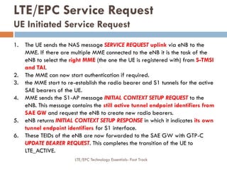 LTE/EPC Service Request
UE Initiated Service Request
1. The UE sends the NAS message SERVICE REQUEST uplink via eNB to the
MME. If there are multiple MME connected to the eNB it is the task of the
eNB to select the right MME (the one the UE is registered with) from S-TMSI
and TAI.
2. The MME can now start authentication if required.
3. the MME start to re-establish the radio bearer and S1 tunnels for the active
SAE bearers of the UE.
4. MME sends the S1-AP message INITIAL CONTEXT SETUP REQUEST to the
eNB. This message contains the still active tunnel endpoint identifiers from
SAE GW and request the eNB to create new radio bearers.
5. eNB returns INITIAL CONTEXT SETUP RESPONSE in which it indicates its own
tunnel endpoint identifiers for S1 interface.
6. These TEIDs of the eNB are now forwarded to the SAE GW with GTP-C
UPDATE BEARER REQUEST. This completes the transition of the UE to
LTE_ACTIVE.
LTE/EPC Technology Essentials- Fast Track
 