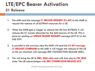 LTE/EPC Bearer Activation
S1 Release
1. The eNB send the message S1 RELEASE REQUEST (S1-AP) to the MME to
request the release of all EUTRAN resources for a UE.
2. When the MME gets a trigger to release the UE from EUTRAN, it will
release the S1 tunnels allocated for the SAE bearers of the UE. This is
done by sending an UPDATE BEARER REQUEST message (GTP-C) to the
SAE GW.
3. In parallel to the previous step the MME will send the S1-AP message
S1 RELEASE COMMAND to the eNB. It will trigger the release of the UE
on the air interface with message RRC CONNECTION RELEASE (RRC).
4. This will bring the UE to RRC_IDLE state and with that also to LTE_IDLE
state. The UE acknowledges with RRC CONNECTION RELEASE ACK.
LTE/EPC Technology Essentials- Fast Track
 