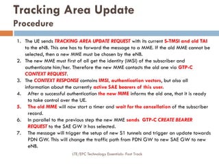 Tracking Area Update
Procedure
1. The UE sends TRACKING AREA UPDATE REQUEST with its current S-TMSI and old TAI
to the eNB. This one has to forward the message to a MME. If the old MME cannot be
selected, then a new MME must be chosen by the eNB.
2. The new MME must first of all get the identity (IMSI) of the subscriber and
authenticate him/her. Therefore the new MME contacts the old one via GTP-C
CONTEXT REQUEST.
3. The CONTEXT RESPONSE contains IMSI, authentication vectors, but also all
information about the currently active SAE bearers of this user.
4. After a successful authentication the new MME informs the old one, that it is ready
to take control over the UE.
5. The old MME will now start a timer and wait for the cancellation of the subscriber
record.
6. In parallel to the previous step the new MME sends GTP-C CREATE BEARER
REQUEST to the SAE GW it has selected.
7. The message will trigger the setup of new S1 tunnels and trigger an update towards
PDN GW. This will change the traffic path from PDN GW to new SAE GW to new
eNB.
LTE/EPC Technology Essentials- Fast Track
 