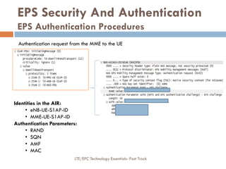 Authentication request from the MME to the UE
Identities in the AIR:
• eNB-UE-S1AP-ID
• MME-UE-S1AP-ID
Authentication Parameters:
• RAND
• SQN
• AMF
• MAC
EPS Security And Authentication
EPS Authentication Procedures
LTE/EPC Technology Essentials- Fast Track
 