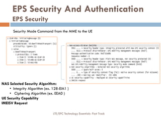 Security Mode Command from the MME to the UE
NAS Selected Security Algorithm:
• Integrity Algorithm (ex. 128-EIA1 )
• Ciphering Algorithm (ex. EEA0 )
UE Security Capability
IMEISV Request
EPS Security And Authentication
EPS Security
LTE/EPC Technology Essentials- Fast Track
 