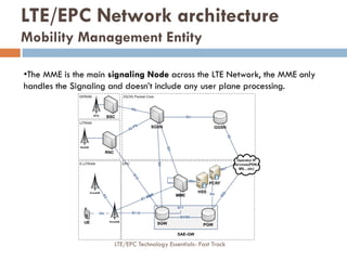 •The MME is the main signaling Node across the LTE Network, the MME only
handles the Signaling and doesn’t include any user plane processing.
LTE/EPC Network architecture
Mobility Management Entity
LTE/EPC Technology Essentials- Fast Track
 