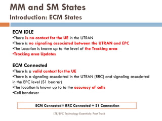 ECM IDLE
•There is no context for the UE in the UTRAN
•There is no signaling associated between the UTRAN and EPC
•The Location is known up to the level of the Tracking area
•Tracking area Updates
ECM Connected
•There is a valid context for the UE
•There is a signaling associated in the UTRAN (RRC) and signaling associated
in the EPC level (S1 bearer)
•The location is known up to to the accuracy of cells
•Cell handover
ECM Connected= RRC Connected + S1 Connection
MM and SM States
Introduction: ECM States
LTE/EPC Technology Essentials- Fast Track
 