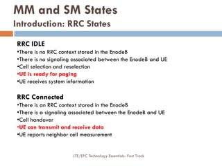 RRC IDLE
•There is no RRC context stored in the EnodeB
•There is no signaling associated between the EnodeB and UE
•Cell selection and reselection
•UE is ready for paging
•UE receives system information
RRC Connected
•There is an RRC context stored in the EnodeB
•There is a signaling associated between the EnodeB and UE
•Cell handover
•UE can transmit and receive data
•UE reports neighbor cell measurement
MM and SM States
Introduction: RRC States
LTE/EPC Technology Essentials- Fast Track
 