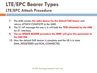 7. The eNB creates the radio bearer for the default SAE bearer and
returns ATTACH COMPLETE to the MME.
8. The S1-AP message this one is in will hold the TEID allocated by the eNB
for S1 interface.
9. Via an UPDATE BEARER procedure the MME will give this parameter to
the SAE GW.
10. Now the default SAE bearer is complete and the UE is in state
EMM_REGISTERED and ECM_CONNECTED.
LTE/EPC Bearer Types
LTE/EPC Attach Procedure
LTE/EPC Technology Essentials- Fast Track
 