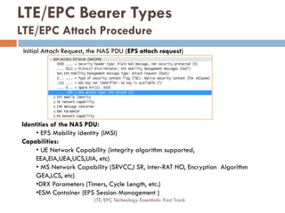 Initial Attach Request, the NAS PDU (EPS attach request)
Identities of the NAS PDU:
• EPS Mobility identity (IMSI)
Capabilities:
• UE Network Capability (integrity algorithm supported,
EEA,EIA,UEA,UCS,UIA, etc)
• MS Network Capability (SRVCC,I SR, inter-RAT HO, Encryption Algorithm
GEA,LCS, etc)
•DRX Parameters (Timers, Cycle Length, etc.)
•ESM Container (EPS Session Management )
LTE/EPC Bearer Types
LTE/EPC Attach Procedure
LTE/EPC Technology Essentials- Fast Track
 