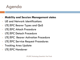 Agenda
• Mobility and Session Management states
• UE and Network identifications
• LTE/EPC Bearer Types and QoS
• LTE/EPC ...