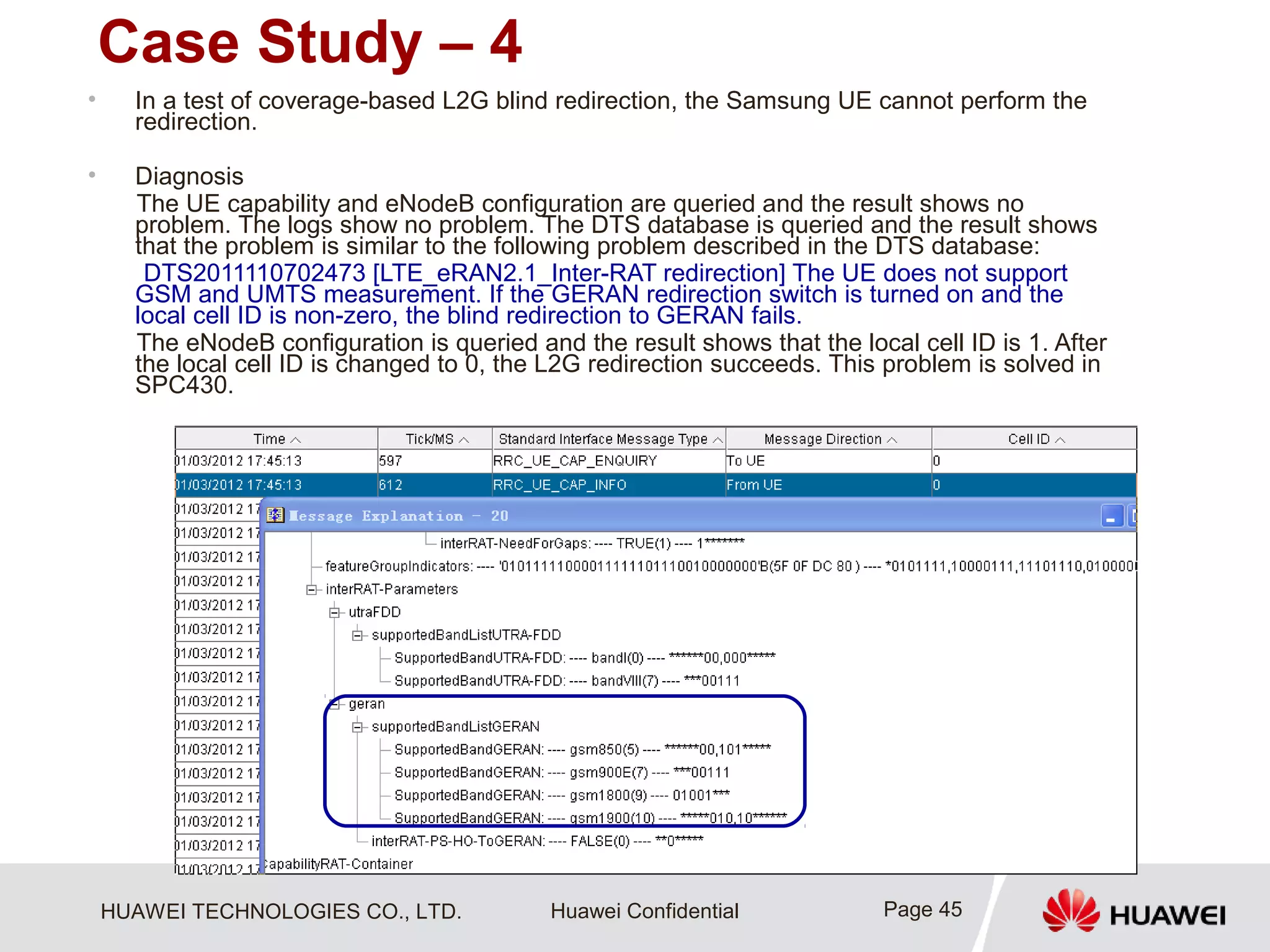 HUAWEI TECHNOLOGIES CO., LTD. Huawei Confidential
Case Study – 4
• In a test of coverage-based L2G blind redirection, the Samsung UE cannot perform the
redirection.
• Diagnosis
The UE capability and eNodeB configuration are queried and the result shows no
problem. The logs show no problem. The DTS database is queried and the result shows
that the problem is similar to the following problem described in the DTS database:
DTS2011110702473 [LTE_eRAN2.1_Inter-RAT redirection] The UE does not support
GSM and UMTS measurement. If the GERAN redirection switch is turned on and the
local cell ID is non-zero, the blind redirection to GERAN fails.
The eNodeB configuration is queried and the result shows that the local cell ID is 1. After
the local cell ID is changed to 0, the L2G redirection succeeds. This problem is solved in
SPC430.
Page 45
 