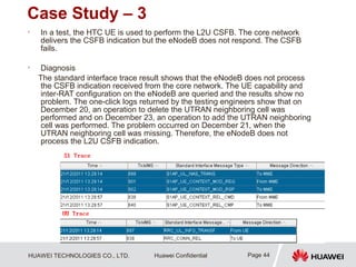 HUAWEI TECHNOLOGIES CO., LTD. Huawei Confidential
Case Study – 3
• In a test, the HTC UE is used to perform the L2U CSFB. The core network
delivers the CSFB indication but the eNodeB does not respond. The CSFB
fails.
• Diagnosis
The standard interface trace result shows that the eNodeB does not process
the CSFB indication received from the core network. The UE capability and
inter-RAT configuration on the eNodeB are queried and the results show no
problem. The one-click logs returned by the testing engineers show that on
December 20, an operation to delete the UTRAN neighboring cell was
performed and on December 23, an operation to add the UTRAN neighboring
cell was performed. The problem occurred on December 21, when the
UTRAN neighboring cell was missing. Therefore, the eNodeB does not
process the L2U CSFB indication.
Page 44
 