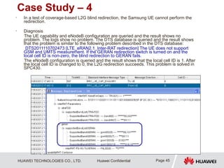 HUAWEI TECHNOLOGIES CO., LTD. Huawei Confidential
Case Study – 4
• In a test of coverage-based L2G blind redirection, the Samsung UE cannot perform the
redirection.
• Diagnosis
The UE capability and eNodeB configuration are queried and the result shows no
problem. The logs show no problem. The DTS database is queried and the result shows
that the problem is similar to the following problem described in the DTS database:
DTS2011110702473 [LTE_eRAN2.1_Inter-RAT redirection] The UE does not support
GSM and UMTS measurement. If the GERAN redirection switch is turned on and the
local cell ID is non-zero, the blind redirection to GERAN fails.
The eNodeB configuration is queried and the result shows that the local cell ID is 1. After
the local cell ID is changed to 0, the L2G redirection succeeds. This problem is solved in
SPC430.
Page 45
 