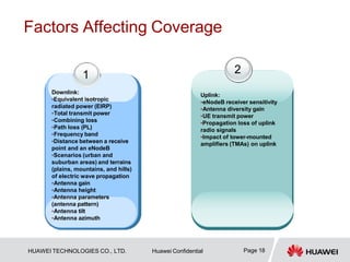 Factors Affecting Coverage
1
Downlink:
•Equivalent isotropic
radiated power (EIRP)
•Total transmit power
•Combining loss
•Path loss (PL)
•Frequency band
•Distance between a receive
point and an eNodeB
•Scenarios (urban and
suburban areas) and terrains
(plains, mountains, and hills)
of electric wave propagation
•Antenna gain
•Antenna height
•Antenna parameters
(antenna pattern)
•Antenna tilt
•Antenna azimuth
2
Page 18
HUAWEI TECHNOLOGIES CO., LTD. Huawei Confidential
Uplink:
•eNodeB receiver sensitivity
•Antenna diversity gain
•UE transmit power
•Propagation loss of uplink
radio signals
•Impact of tower-mounted
amplifiers (TMAs) on uplink
 