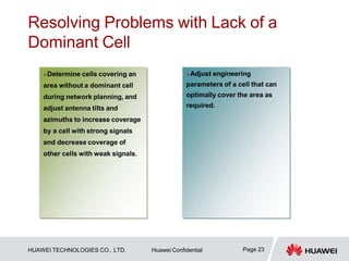 Resolving Problems with Lack of a
Dominant Cell
…
Adjust engineering
parameters of a cell that can
optimally cover the area as
required.
Determine cells covering an
area without a dominant cell
during network planning, and
adjust antenna tilts and
azimuths to increase coverage
by a cell with strong signals
and decrease coverage of
other cells with weak signals.
Page 23
HUAWEI TECHNOLOGIES CO., LTD. Huawei Confidential
 