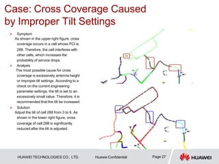 Case: Cross Coverage Caused
by Improper Tilt Settings
Page 27
HUAWEI TECHNOLOGIES CO., LTD. Huawei Confidential
 Symptom
As shown in the upper right figure, cross
coverage occurs in a cell whose PCI is
288. Therefore, the cell interferes with
other cells, which increases the
probability of service drops.
 Analysis
The most possible cause for cross
coverage is excessively antenna height
or improper tilt settings. According to a
check on the current engineering
parameter settings, the tilt is set to an
excessively small value. Therefore, it is
recommended that the tilt be increased.
 Solution
Adjust the tilt of cell 288 from 3 to 6. As
shown in the lower right figure, cross
coverage of cell 288 is significantly
reduced after the tilt is adjusted.
 