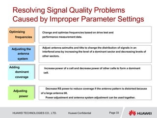 Resolving Signal Quality Problems
Caused by Improper Parameter Settings
Change and optimize frequencies based on drive test and
performance measurement data.
Optimizing
frequencies
Adjust antenna azimuths and tilts to change the distribution of signals in an
interfered area by increasing the level of a dominant sector and decreasing levels of
other sectors.
Adjusting the
antenna
system
Increase power of a cell and decrease power of other cells to form a dominant
cell.
Decrease RS power to reduce coverage if the antenna pattern is distorted because
of a large antenna tilt.
Power adjustment and antenna system adjustment can be used together.
Adding
dominant
coverage
Adjusting
power
Page 33
HUAWEI TECHNOLOGIES CO., LTD. Huawei Confidential
 