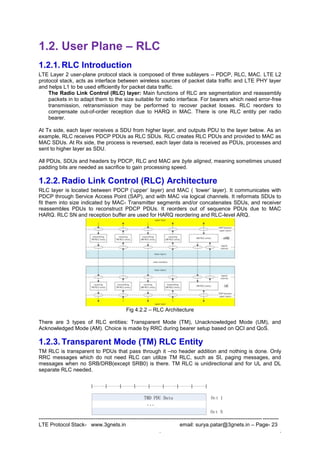 --------------------------------------------------------------------------------------------------------------------------------------
LTE Protocol Stack- www.3gnets.in email: surya.patar@3gnets.in – Page- 23
. .
1.2. User Plane – RLC
1.2.1. RLC Introduction
LTE Layer 2 user-plane protocol stack is composed of three sublayers – PDCP, RLC, MAC. LTE L2
protocol stack, acts as interface between wireless sources of packet data traffic and LTE PHY layer
and helps L1 to be used efficiently for packet data traffic.
The Radio Link Control (RLC) layer: Main functions of RLC are segmentation and reassembly
packets in to adapt them to the size suitable for radio interface. For bearers which need error-free
transmission, retransmission may be performed to recover packet losses. RLC reorders to
compensate out-of-order reception due to HARQ in MAC. There is one RLC entity per radio
bearer.
At Tx side, each layer receives a SDU from higher layer, and outputs PDU to the layer below. As an
example, RLC receives PDCP PDUs as RLC SDUs. RLC creates RLC PDUs and provided to MAC as
MAC SDUs. At Rx side, the process is reversed, each layer data is received as PDUs, processes and
sent to higher layer as SDU.
All PDUs, SDUs and headers by PDCP, RLC and MAC are byte aligned, meaning sometimes unused
padding bits are needed as sacrifice to gain processing speed.
1.2.2. Radio Link Control (RLC) Architecture
RLC layer is located between PDCP („upper‟ layer) and MAC ( „lower‟ layer). It communicates with
PDCP through Service Access Point (SAP), and with MAC via logical channels. It reformats SDUs to
fit them into size indicated by MAC- Transmitter segments and/or concatenates SDUs, and receiver
reassembles PDUs to reconstruct PDCP PDUs. It reorders out of sequence PDUs due to MAC
HARQ. RLC SN and reception buffer are used for HARQ reordering and RLC-level ARQ.
Fig 4.2.2 – RLC Architecture
There are 3 types of RLC entities: Transparent Mode (TM), Unacknowledged Mode (UM), and
Acknowledged Mode (AM). Choice is made by RRC during bearer setup based on QCI and QoS.
1.2.3. Transparent Mode (TM) RLC Entity
TM RLC is transparent to PDUs that pass through it –no header addition and nothing is done. Only
RRC messages which do not need RLC can utilize TM RLC, such as SI, paging messages, and
messages when no SRB/DRB(except SRB0) is there. TM RLC is unidirectional and for UL and DL
separate RLC needed.
Oct 1
Oct N
TMD PDU Data
...
 