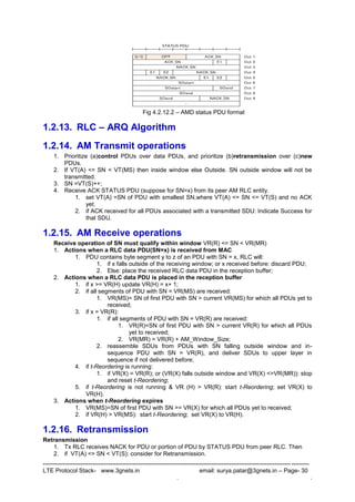 --------------------------------------------------------------------------------------------------------------------------------------
LTE Protocol Stack- www.3gnets.in email: surya.patar@3gnets.in – Page- 30
. .
Fig 4.2.12.2 – AMD status PDU format
1.2.13. RLC – ARQ Algorithm
1.2.14. AM Transmit operations
1. Prioritize (a)control PDUs over data PDUs, and prioritize (b)retransmission over (c)new
PDUs.
2. If VT(A) <= SN < VT(MS) then inside window else Outside. SN outside window will not be
transmitted.
3. SN =VT(S)++;
4. Receive ACK STATUS PDU (suppose for SN=x) from its peer AM RLC entity.
1. set VT(A) =SN of PDU with smallest SN,where VT(A) <= SN <= VT(S) and no ACK
yet.
2. if ACK received for all PDUs associated with a transmitted SDU: Indicate Success for
that SDU.
1.2.15. AM Receive operations
Receive operation of SN must qualify within window VR(R) <= SN < VR(MR)
1. Actions when a RLC data PDU(SN=x) is received from MAC
1. PDU contains byte segment y to z of an PDU with SN = x, RLC will:
1. if x falls outside of the receiving window; or x received before: discard PDU;
2. Else: place the received RLC data PDU in the reception buffer;
2. Actions when a RLC data PDU is placed in the reception buffer
1. if x >= VR(H) update VR(H) = x+ 1;
2. if all segments of PDU with SN = VR(MS) are received:
1. VR(MS)= SN of first PDU with SN > current VR(MS) for which all PDUs yet to
received;
3. if x = VR(R):
1. if all segments of PDU with SN = VR(R) are received:
1. VR(R)=SN of first PDU with SN > current VR(R) for which all PDUs
yet to received;
2. VR(MR) = VR(R) + AM_Window_Size;
2. reassemble SDUs from PDUs with SN falling outside window and in-
sequence PDU with SN = VR(R), and deliver SDUs to upper layer in
sequence if not delivered before;
4. if t-Reordering is running:
1. if VR(X) = VR(R); or (VR(X) falls outside window and VR(X) <>VR(MR)): stop
and reset t-Reordering;
5. if t-Reordering is not running & VR (H) > VR(R): start t-Reordering; set VR(X) to
VR(H).
3. Actions when t-Reordering expires
1. VR(MS)=SN of first PDU with SN >= VR(X) for which all PDUs yet to received;
2. if VR(H) > VR(MS): start t-Reordering; set VR(X) to VR(H).
1.2.16. Retransmission
Retransmission
1. Tx RLC receives NACK for PDU or portion of PDU by STATUS PDU from peer RLC. Then
2. if VT(A) <= SN < VT(S): consider for Retransmission.
 