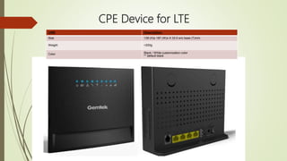 CPE Device for LTE
USB Description
Size 139 (H)x 187 (W)x X 33.5 w/o base (T)mm
Weight <200g
Color Black / White customization color
** default black
 