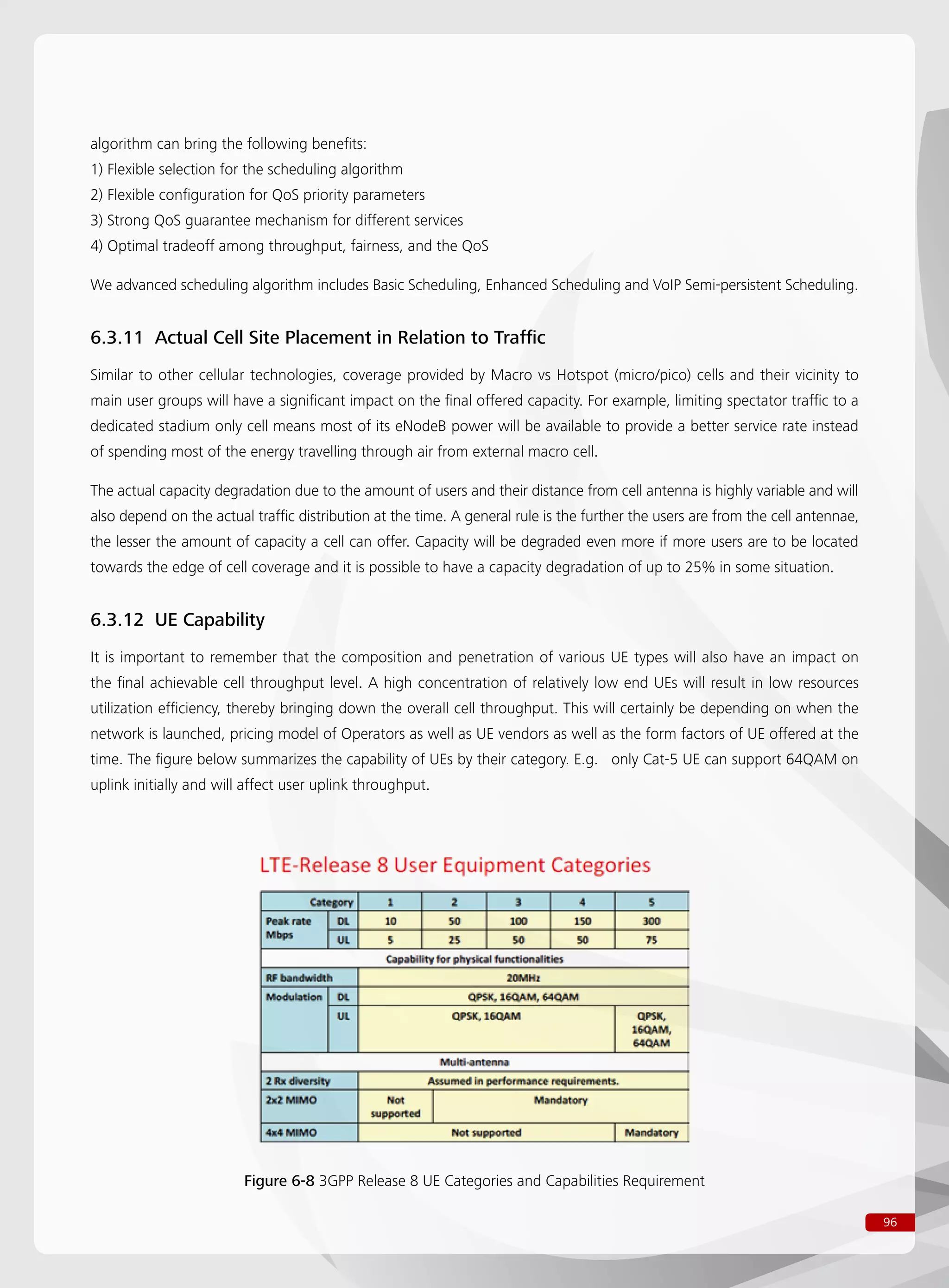 96
Figure 6-8 3GPP Release 8 UE Categories and Capabilities Requirement
algorithm can bring the following benefits:
1) Flexible selection for the scheduling algorithm
2) Flexible configuration for QoS priority parameters
3) Strong QoS guarantee mechanism for different services
4) Optimal tradeoff among throughput, fairness, and the QoS
We advanced scheduling algorithm includes Basic Scheduling, Enhanced Scheduling and VoIP Semi-persistent Scheduling.
6.3.11 Actual Cell Site Placement in Relation to Traffic
Similar to other cellular technologies, coverage provided by Macro vs Hotspot (micro/pico) cells and their vicinity to
main user groups will have a significant impact on the final offered capacity. For example, limiting spectator traffic to a
dedicated stadium only cell means most of its eNodeB power will be available to provide a better service rate instead
of spending most of the energy travelling through air from external macro cell.
The actual capacity degradation due to the amount of users and their distance from cell antenna is highly variable and will
also depend on the actual traffic distribution at the time. A general rule is the further the users are from the cell antennae,
the lesser the amount of capacity a cell can offer. Capacity will be degraded even more if more users are to be located
towards the edge of cell coverage and it is possible to have a capacity degradation of up to 25% in some situation.
6.3.12 UE Capability
It is important to remember that the composition and penetration of various UE types will also have an impact on
the final achievable cell throughput level. A high concentration of relatively low end UEs will result in low resources
utilization efficiency, thereby bringing down the overall cell throughput. This will certainly be depending on when the
network is launched, pricing model of Operators as well as UE vendors as well as the form factors of UE offered at the
time. The figure below summarizes the capability of UEs by their category. E.g. only Cat-5 UE can support 64QAM on
uplink initially and will affect user uplink throughput.
 