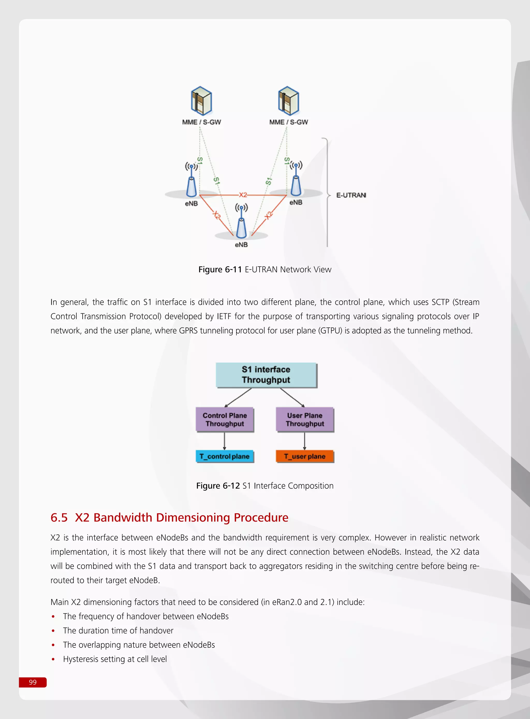 99
In general, the traffic on S1 interface is divided into two different plane, the control plane, which uses SCTP (Stream
Control Transmission Protocol) developed by IETF for the purpose of transporting various signaling protocols over IP
network, and the user plane, where GPRS tunneling protocol for user plane (GTPU) is adopted as the tunneling method.
Figure 6-11 E-UTRAN Network View
Figure 6-12 S1 Interface Composition
6.5 X2 Bandwidth Dimensioning Procedure
X2 is the interface between eNodeBs and the bandwidth requirement is very complex. However in realistic network
implementation, it is most likely that there will not be any direct connection between eNodeBs. Instead, the X2 data
will be combined with the S1 data and transport back to aggregators residing in the switching centre before being re-
routed to their target eNodeB.
Main X2 dimensioning factors that need to be considered (in eRan2.0 and 2.1) include:
The frequency of handover between eNodeBs••
The duration time of handover••
The overlapping nature between eNodeBs••
Hysteresis setting at cell level••
 