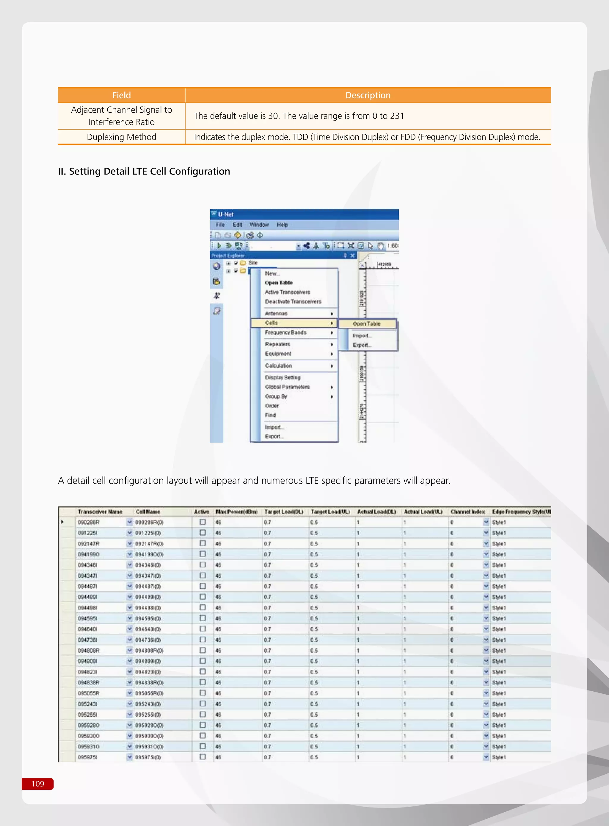 109
Field Description
Adjacent Channel Signal to
Interference Ratio
The default value is 30. The value range is from 0 to 231
Duplexing Method Indicates the duplex mode. TDD (Time Division Duplex) or FDD (Frequency Division Duplex) mode.
II. Setting Detail LTE Cell Configuration
A detail cell configuration layout will appear and numerous LTE specific parameters will appear.
 
