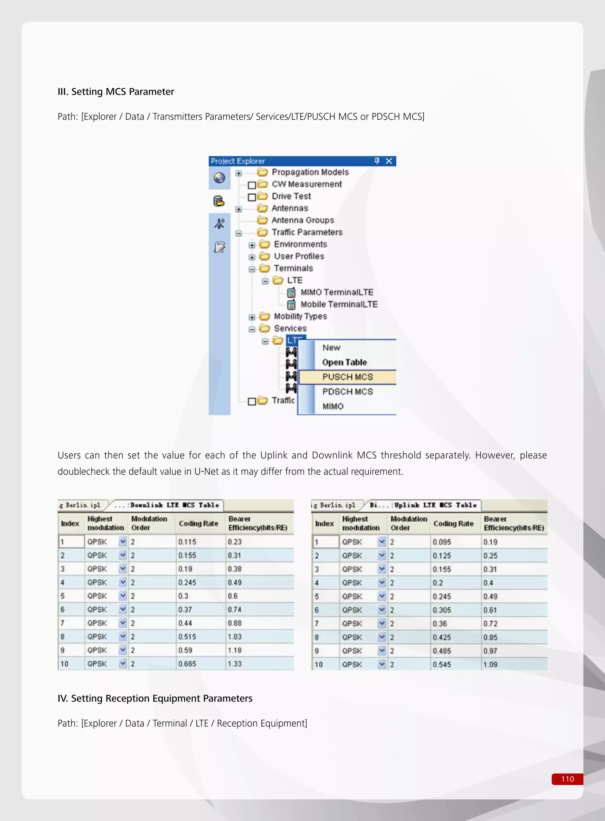 110
III. Setting MCS Parameter
Path: [Explorer / Data / Transmitters Parameters/ Services/LTE/PUSCH MCS or PDSCH MCS]
Users can then set the value for each of the Uplink and Downlink MCS threshold separately. However, please
doublecheck the default value in U-Net as it may differ from the actual requirement.
IV. Setting Reception Equipment Parameters
Path: [Explorer / Data / Terminal / LTE / Reception Equipment]
 