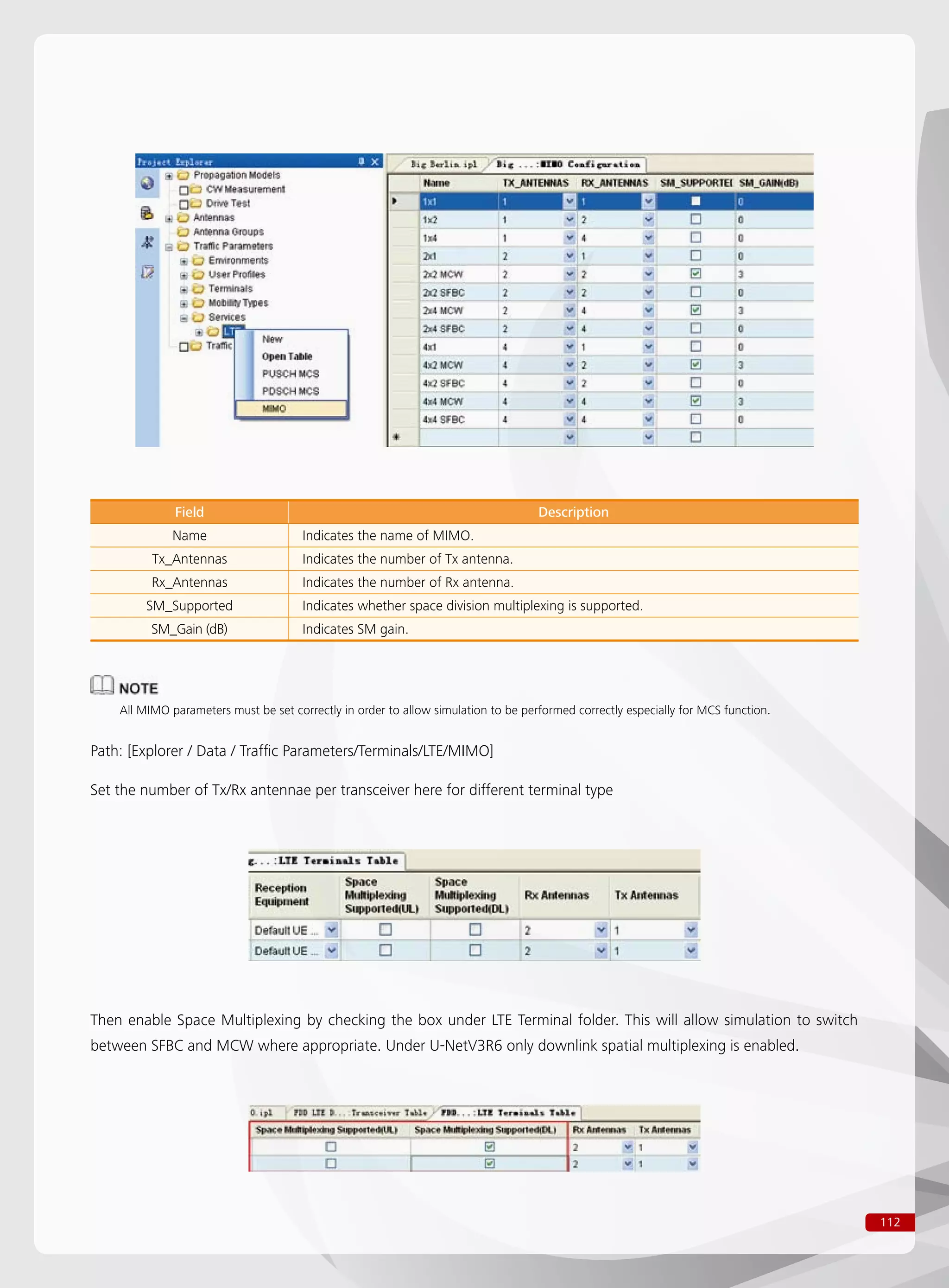 112
Field Description
Name Indicates the name of MIMO.
Tx_Antennas Indicates the number of Tx antenna.
Rx_Antennas Indicates the number of Rx antenna.
SM_Supported Indicates whether space division multiplexing is supported.
SM_Gain (dB) Indicates SM gain.
All MIMO parameters must be set correctly in order to allow simulation to be performed correctly especially for MCS function.
Path: [Explorer / Data / Traffic Parameters/Terminals/LTE/MIMO]
Set the number of Tx/Rx antennae per transceiver here for different terminal type
Then enable Space Multiplexing by checking the box under LTE Terminal folder. This will allow simulation to switch
between SFBC and MCW where appropriate. Under U-NetV3R6 only downlink spatial multiplexing is enabled.
 