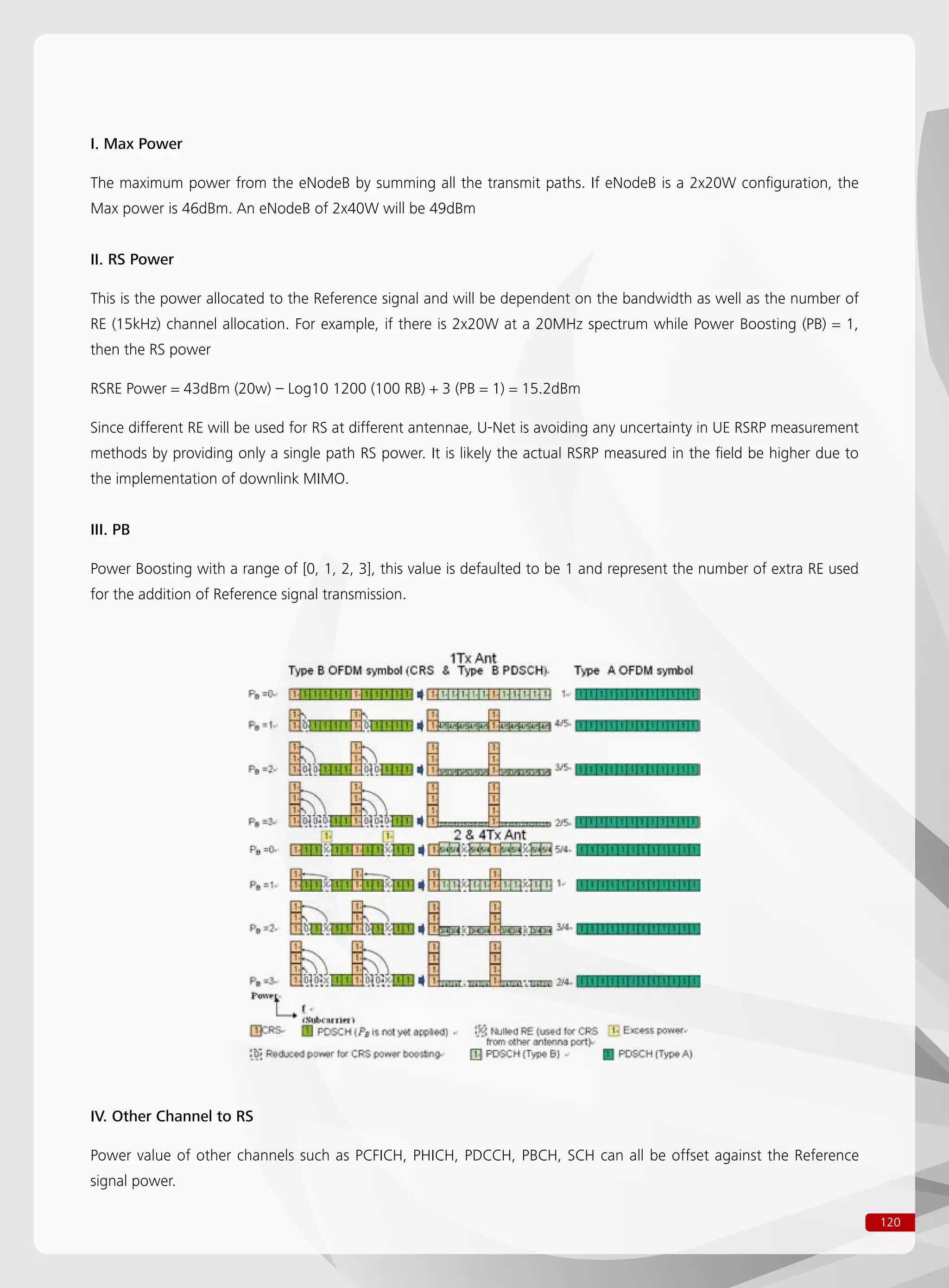 120
I. Max Power
The maximum power from the eNodeB by summing all the transmit paths. If eNodeB is a 2x20W configuration, the
Max power is 46dBm. An eNodeB of 2x40W will be 49dBm
II. RS Power
This is the power allocated to the Reference signal and will be dependent on the bandwidth as well as the number of
RE (15kHz) channel allocation. For example, if there is 2x20W at a 20MHz spectrum while Power Boosting (PB) = 1,
then the RS power
RSRE Power = 43dBm (20w) – Log10 1200 (100 RB) + 3 (PB = 1) = 15.2dBm
Since different RE will be used for RS at different antennae, U-Net is avoiding any uncertainty in UE RSRP measurement
methods by providing only a single path RS power. It is likely the actual RSRP measured in the field be higher due to
the implementation of downlink MIMO.
III. PB
Power Boosting with a range of [0, 1, 2, 3], this value is defaulted to be 1 and represent the number of extra RE used
for the addition of Reference signal transmission.
IV. Other Channel to RS
Power value of other channels such as PCFICH, PHICH, PDCCH, PBCH, SCH can all be offset against the Reference
signal power.
 